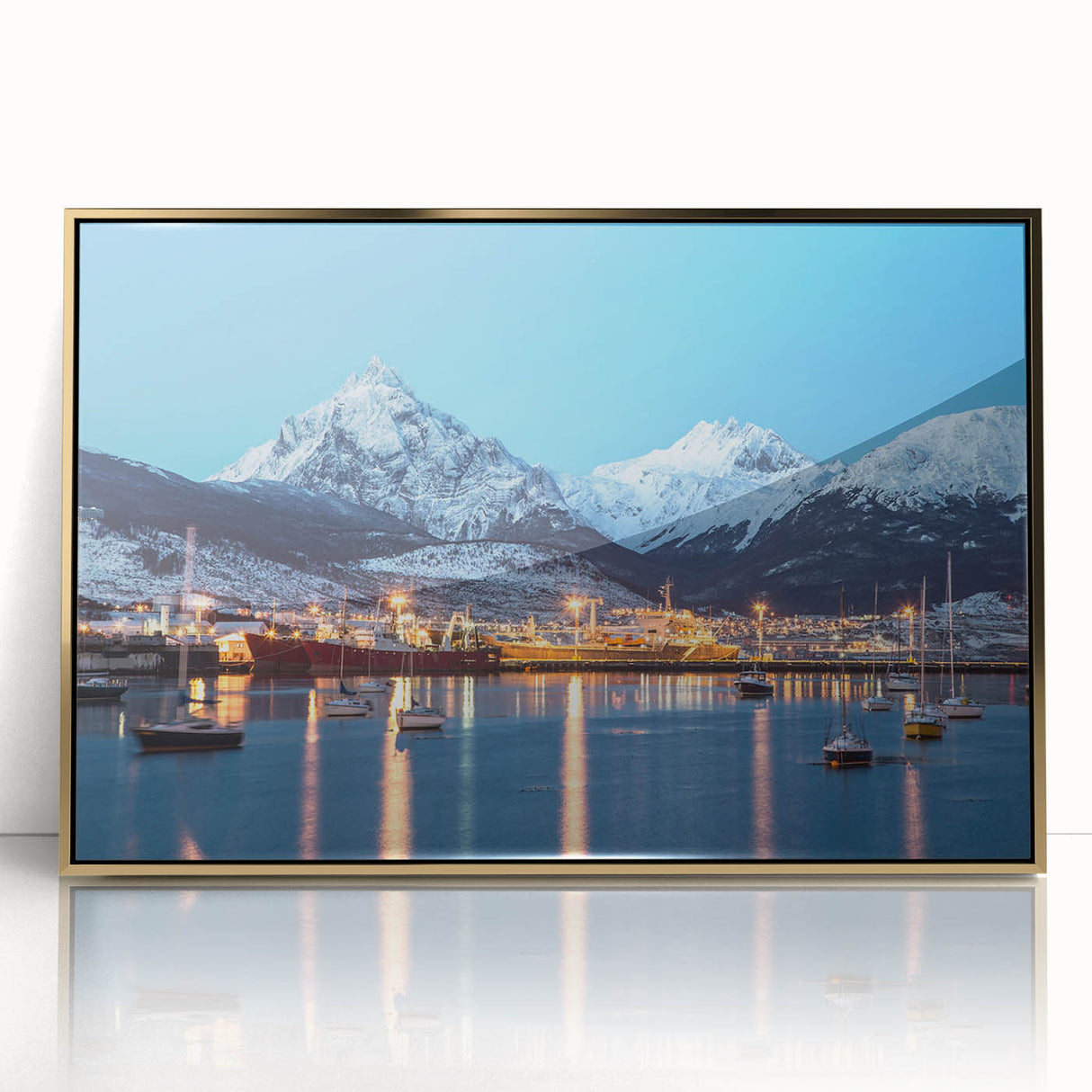Mid-century modernist style acrylic print of an Argentine landscape, with muted earth tones, framed in gold.