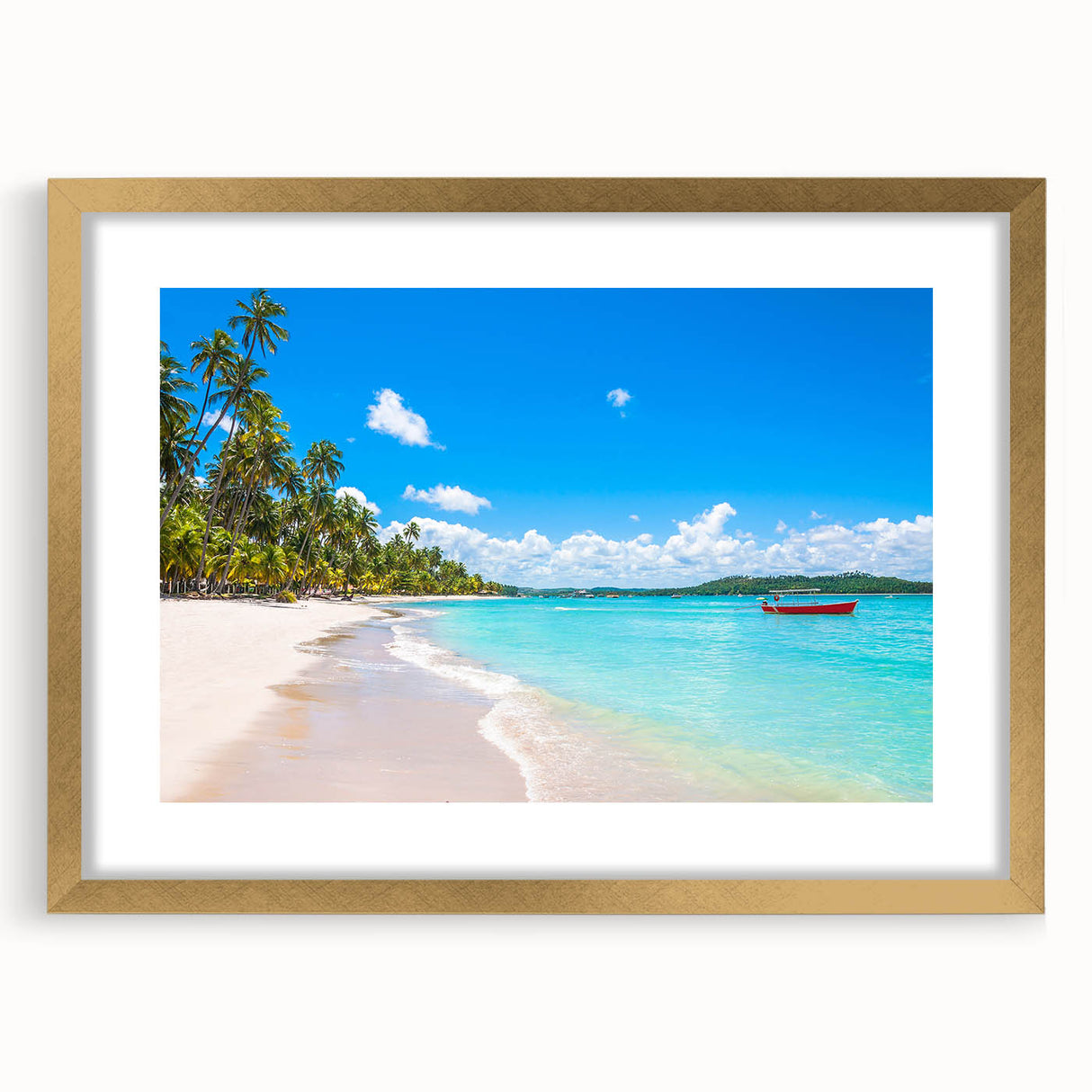 Extra large abstract art print of a textured Brazilian landscape in muted earth tones, framed in gold.