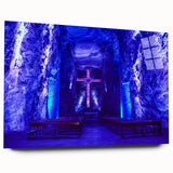 Large abstract wall art of a Colombian landscape in vibrant greens and blues on acrylic glass.