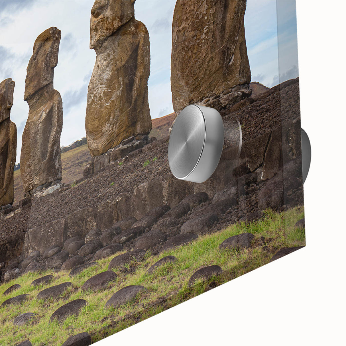Mid-century modernist art of Easter Island statues in muted earth tones on acrylic glass, suitable for dining room art.
