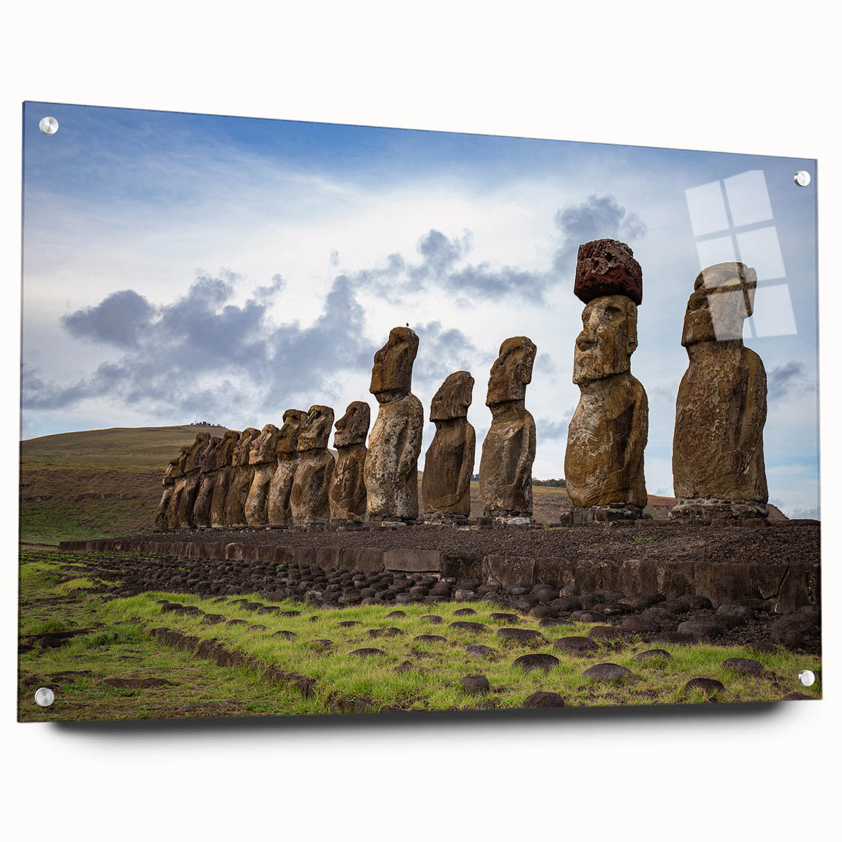 Acrylic print of Easter Island scenery with muted earth tones, ideal for bedroom or dining room decor.
