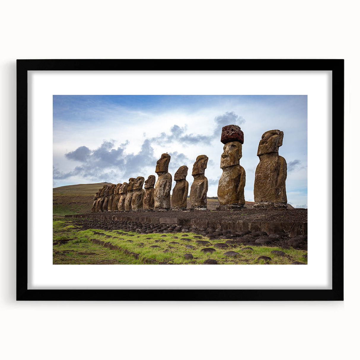 Extra large framed wall art featuring a colorful abstract depiction of Easter Island, ideal for living room decor.