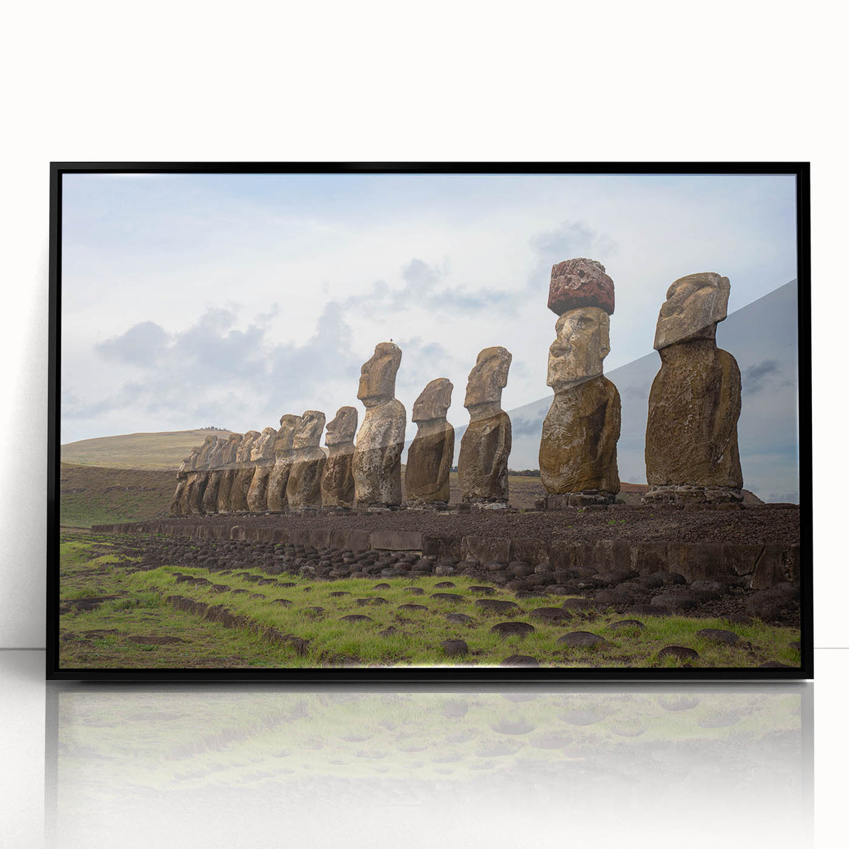 Framed acrylic print of Easter Island scenery in muted earth tones, ideal for modern art wall decor.