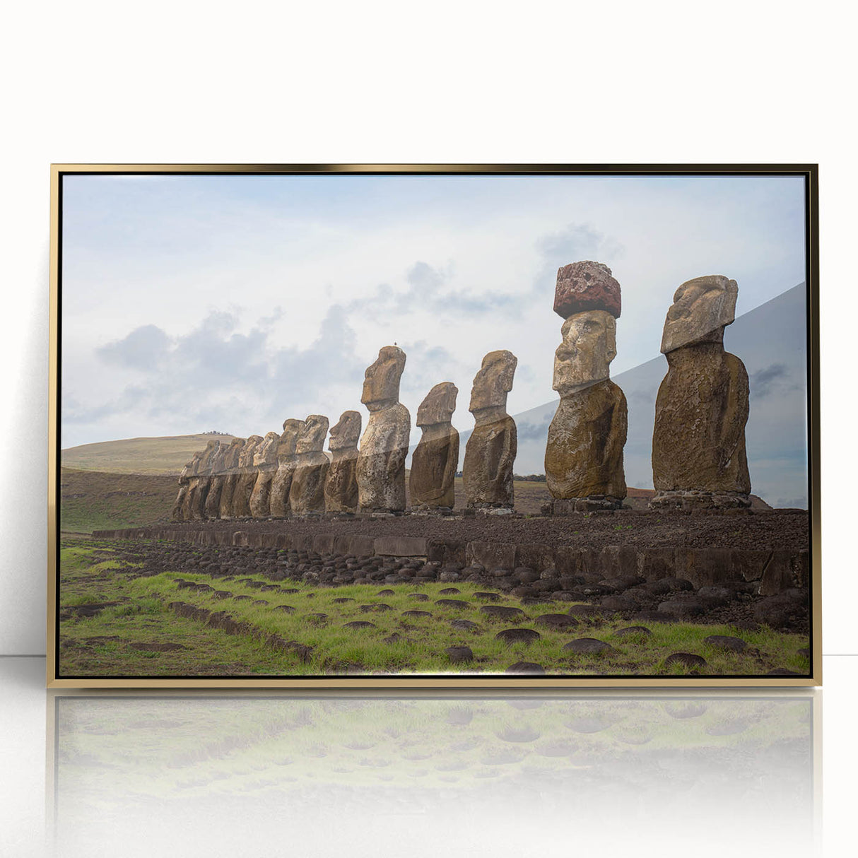 Framed acrylic print of Easter Island statues in muted earth tones, suitable as modern art wall decor.