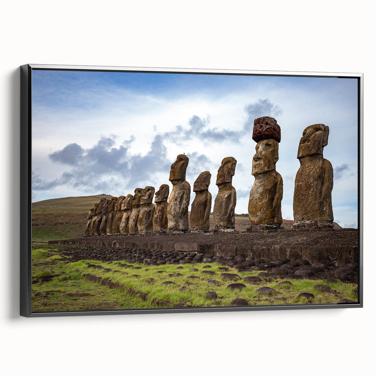 Black and white framed canvas of Easter Island statues in a vintage poster style, ideal for bedroom wall decor.