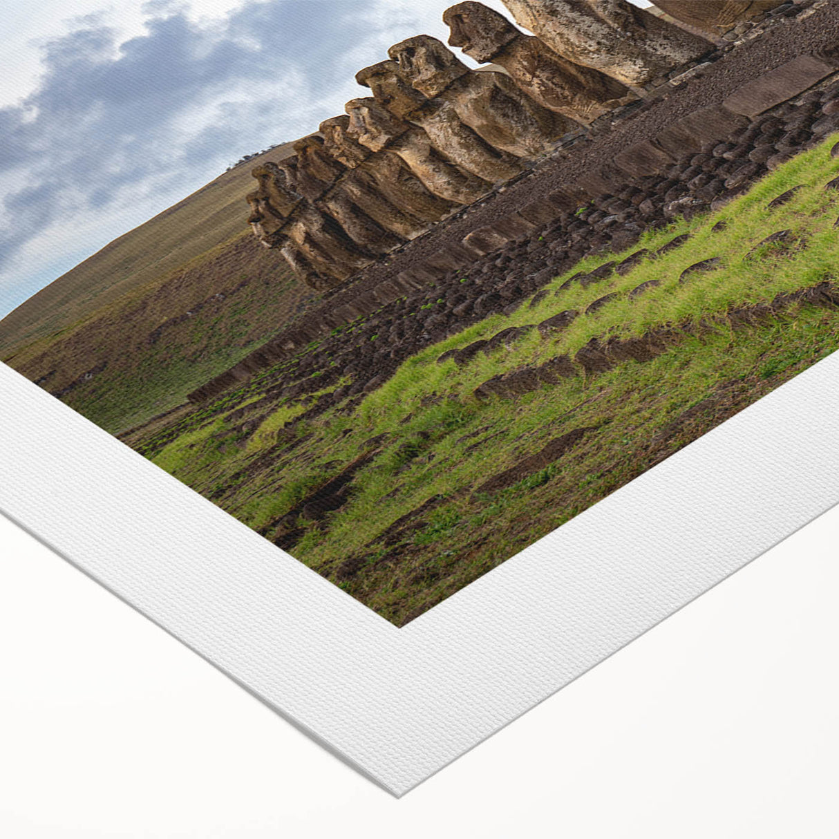 Art deco poster of Easter Island scenery on rolled canvas, featuring muted earth tones, ideal for dining room wall art.