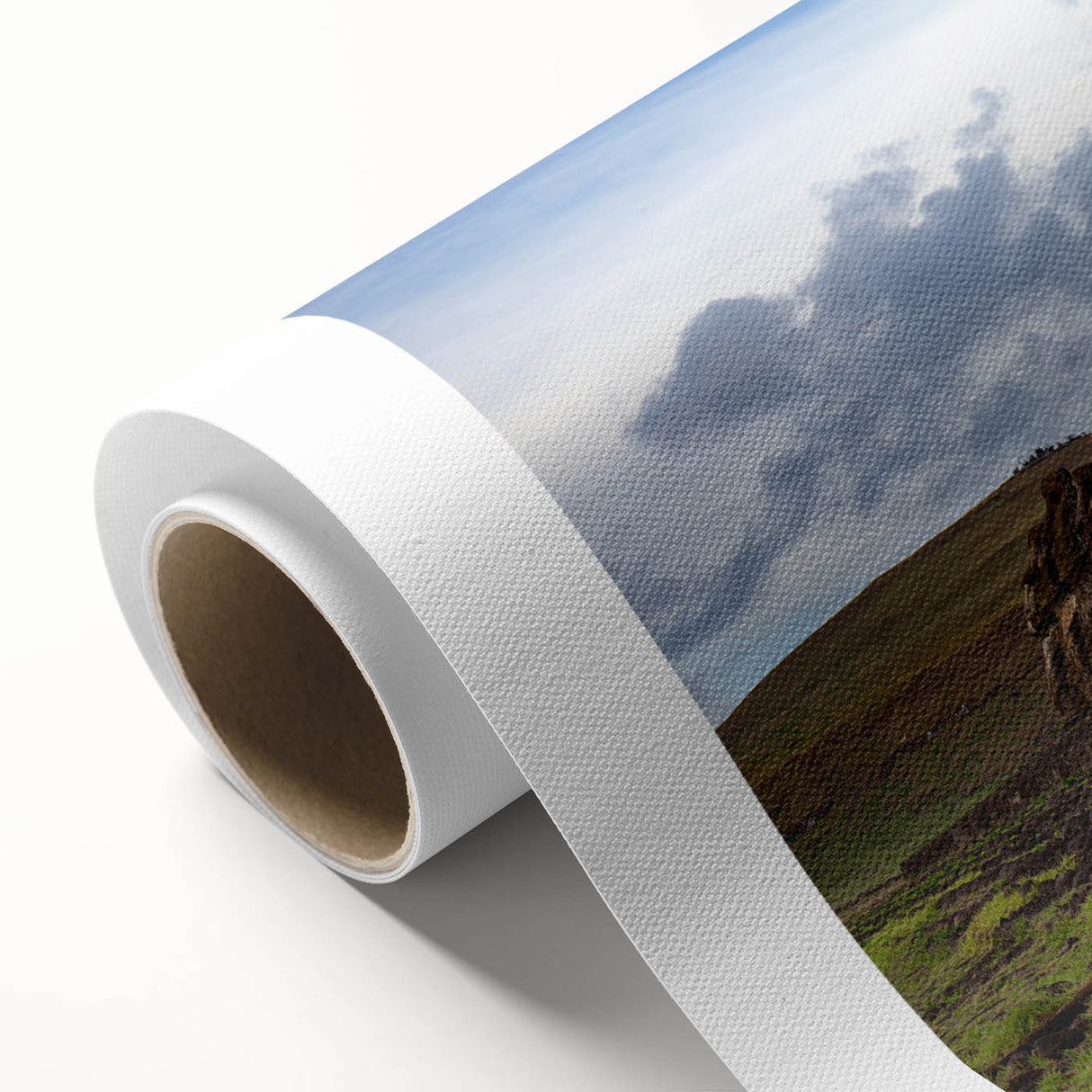 Art deco poster of Easter Island scenery with muted earth tones on rolled canvas.