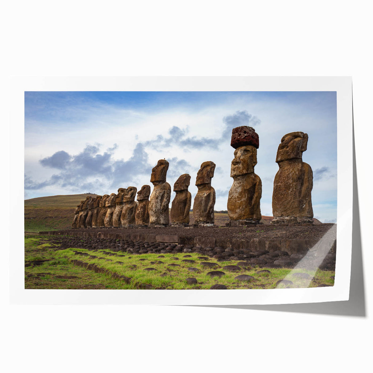 Rolled print of Easter Island scenery in muted earth tones, ideal for art wall dining room.