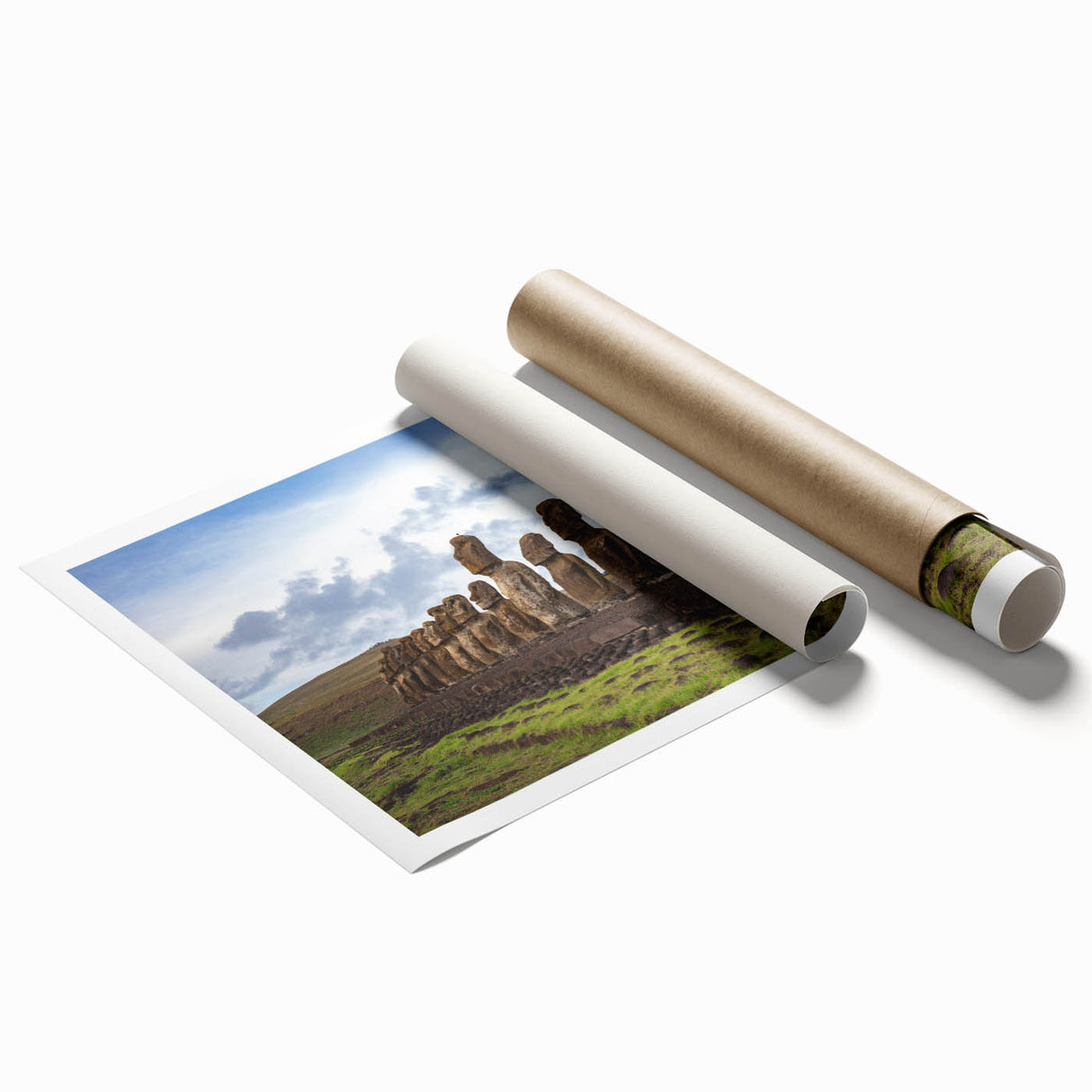 Easter Island landscape on rolled print, featuring moai statues and soft gray sky, ideal for classy bathroom wall art.
