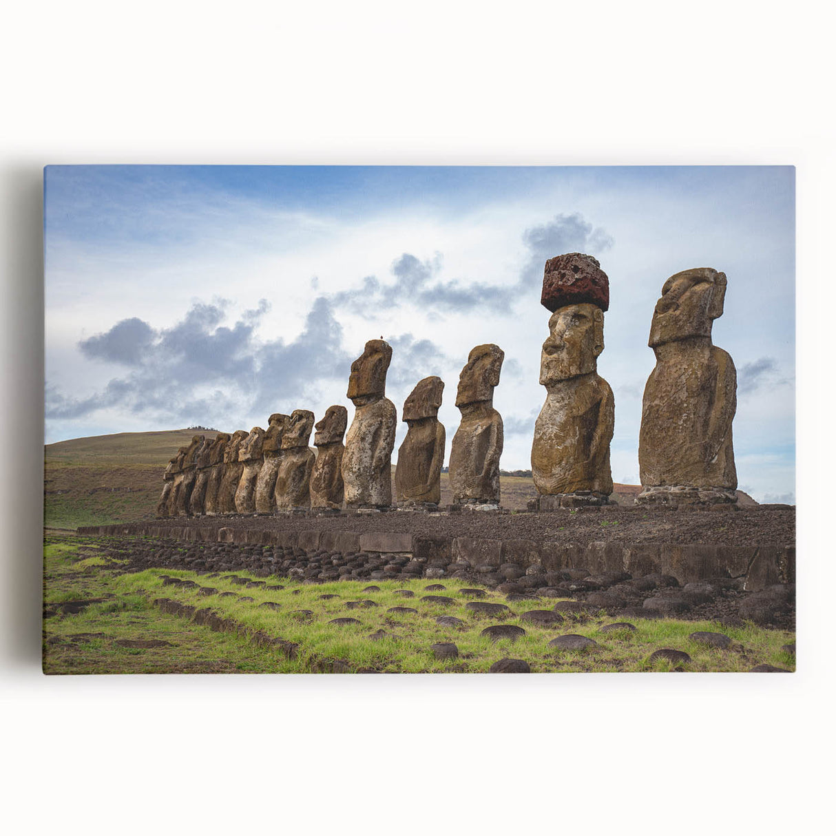 Black and white photograph of Easter Island statues on stretched canvas, suitable for kitchen wall art.