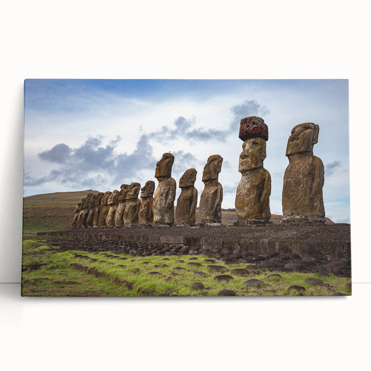 Black and white print of Easter Island statues on stretched canvas, suitable as large kitchen wall art or for bedroom decor.