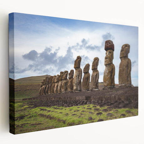 Side view of a stretched canvas featuring Easter Island scenery in muted earth tones, suitable for kitchen wall art.