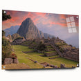 Acrylic print of Machu Picchu in muted green and brown tones, suitable for bedroom or dining room decor.