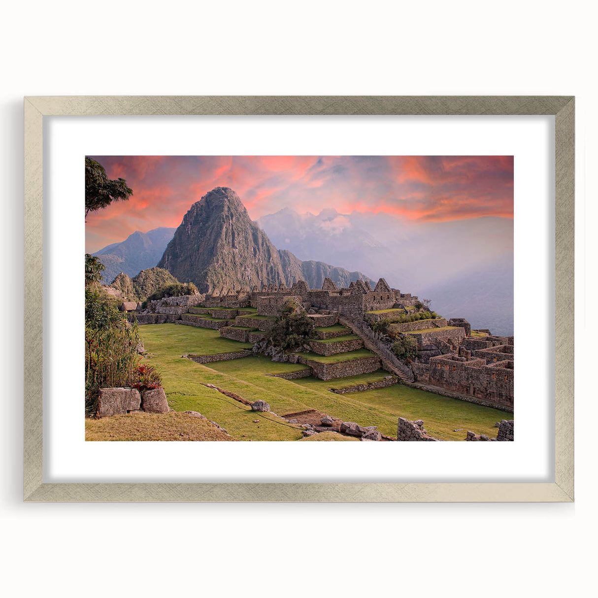 Textured art print of Machu Picchu in muted earth tones on a framed silver mat, suitable for bedroom art.