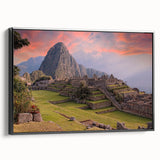 Framed canvas of a black and white vintage poster depicting Machu Picchu, ideal for bedroom wall art.