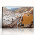 Large abstract wall art depicting a stylized Peruvian landscape in muted earth tones, framed in black acrylic.