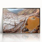 Mid-century modernist art depicting a scenic view of a Peruvian landscape, framed in silver acrylic.