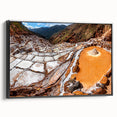 Black and white framed canvas featuring a vintage poster art style landscape of a Peruvian scenery.