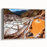 Framed canvas featuring a vintage-style landscape painting of a Peruvian scenery, with a palette of vibrant colors.