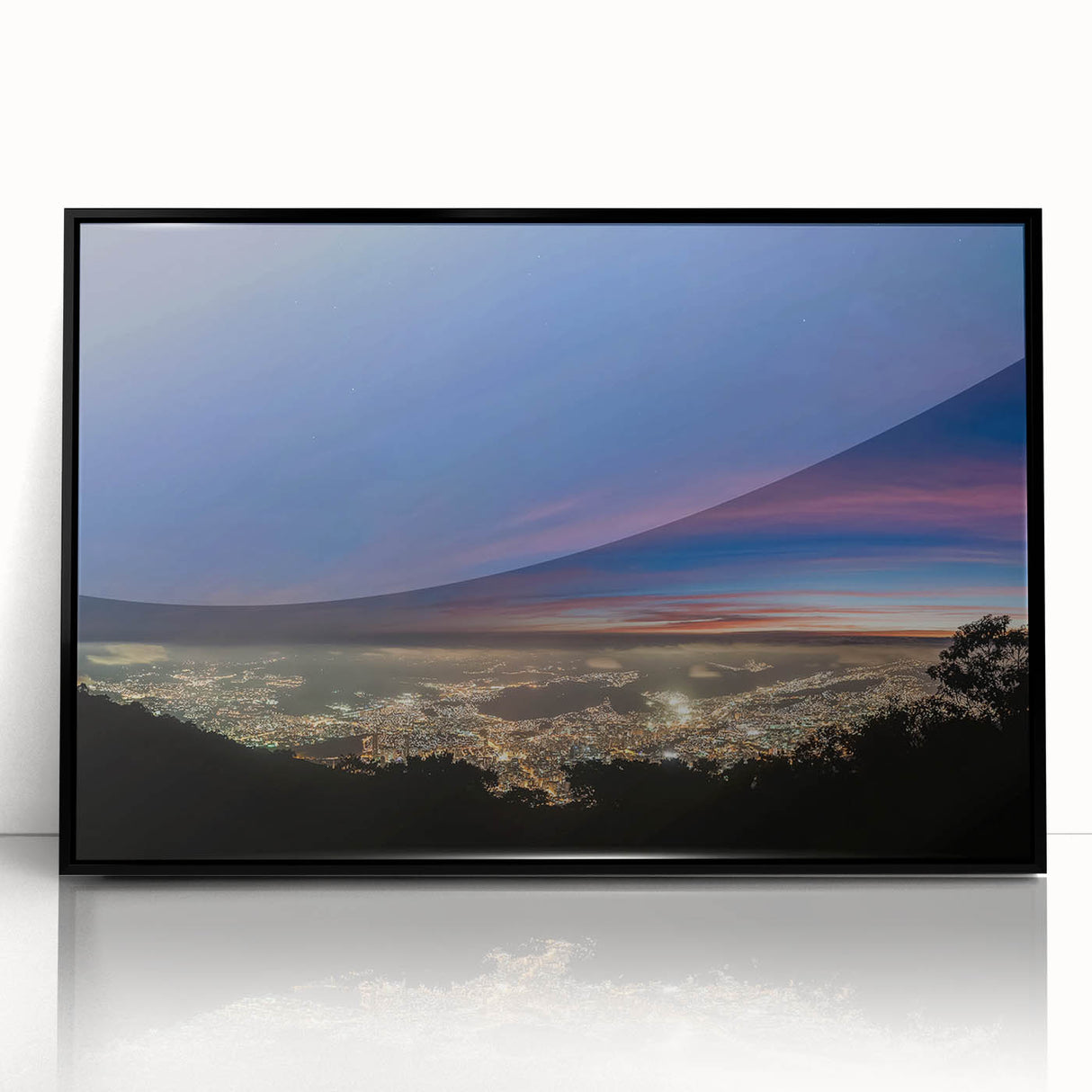Large abstract wall art depicting a vibrant Venezuelan landscape in mid-century modernist style, framed in black acrylic.