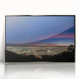 Mid-century modernist art depicting a serene Venezuelan landscape in muted earth tones on a silver-framed acrylic print.