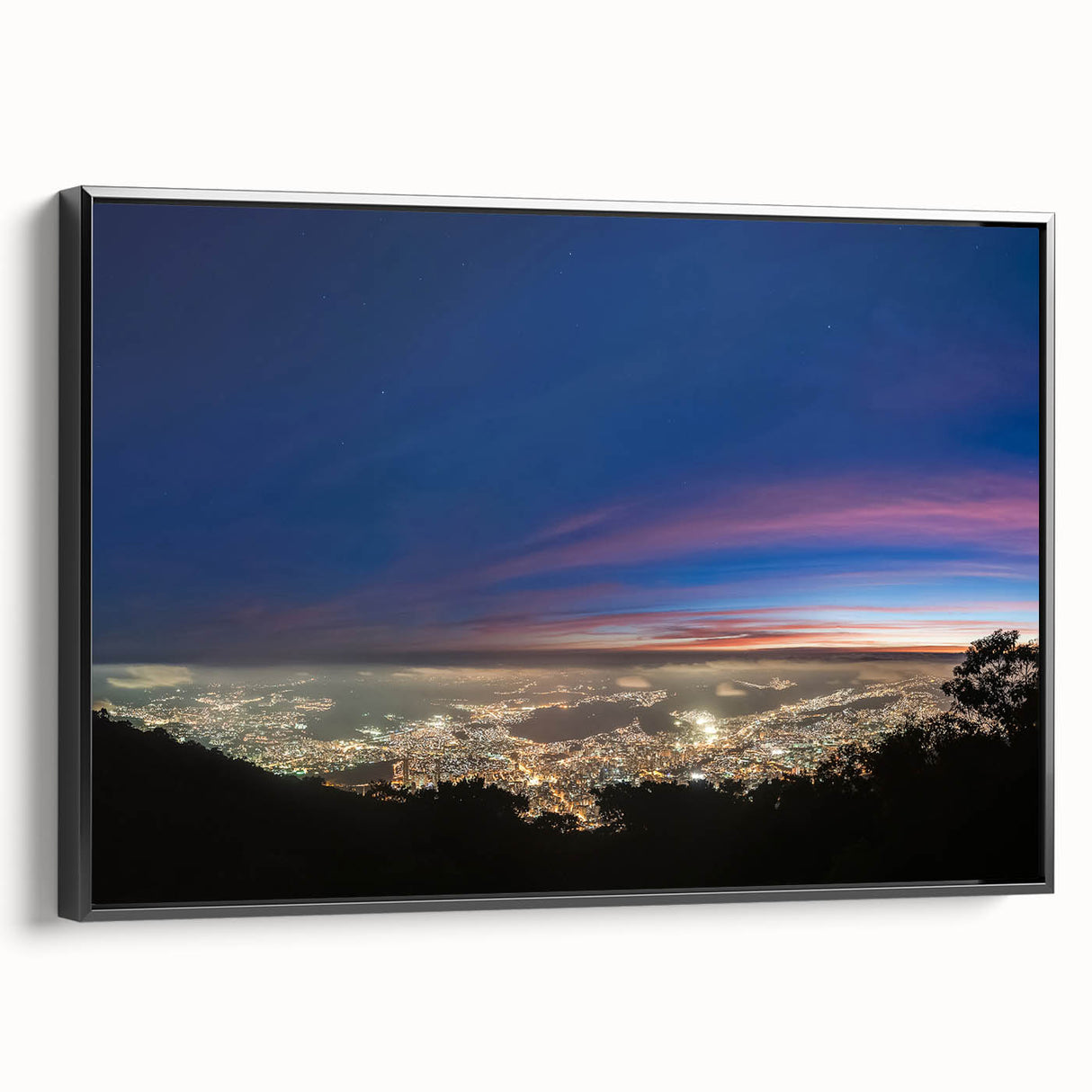Black and white framed canvas featuring a vintage-style landscape painting of a Venezuelan scenery.