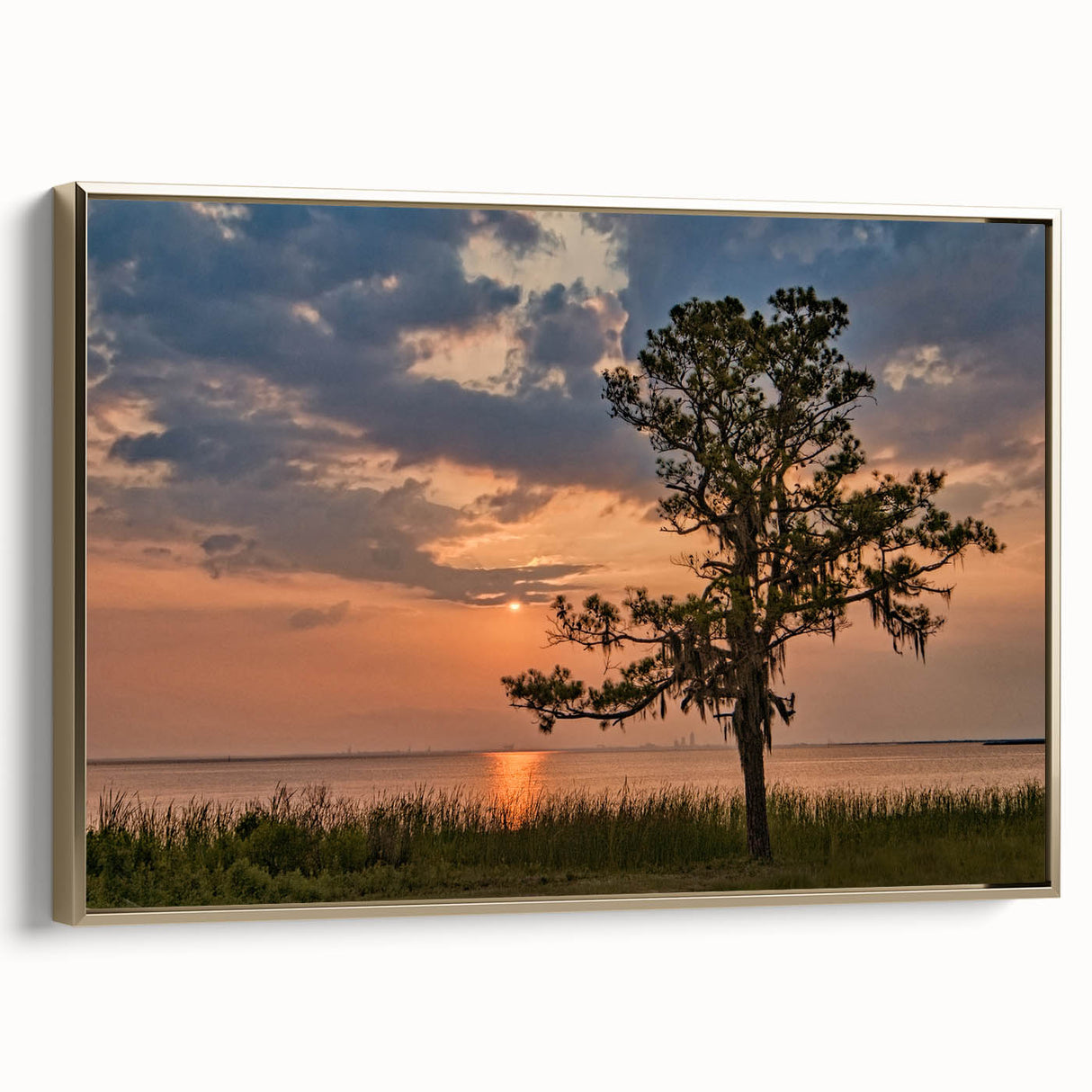 Framed canvas featuring a vintage-style Alabama landscape in muted gold and black, ideal for bedroom wall decor.