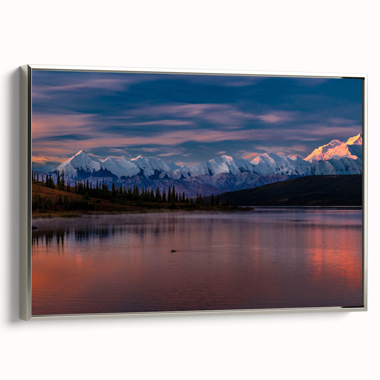 Framed canvas of Denali landscape in Alaska, featuring muted earth tones and vintage poster style.
