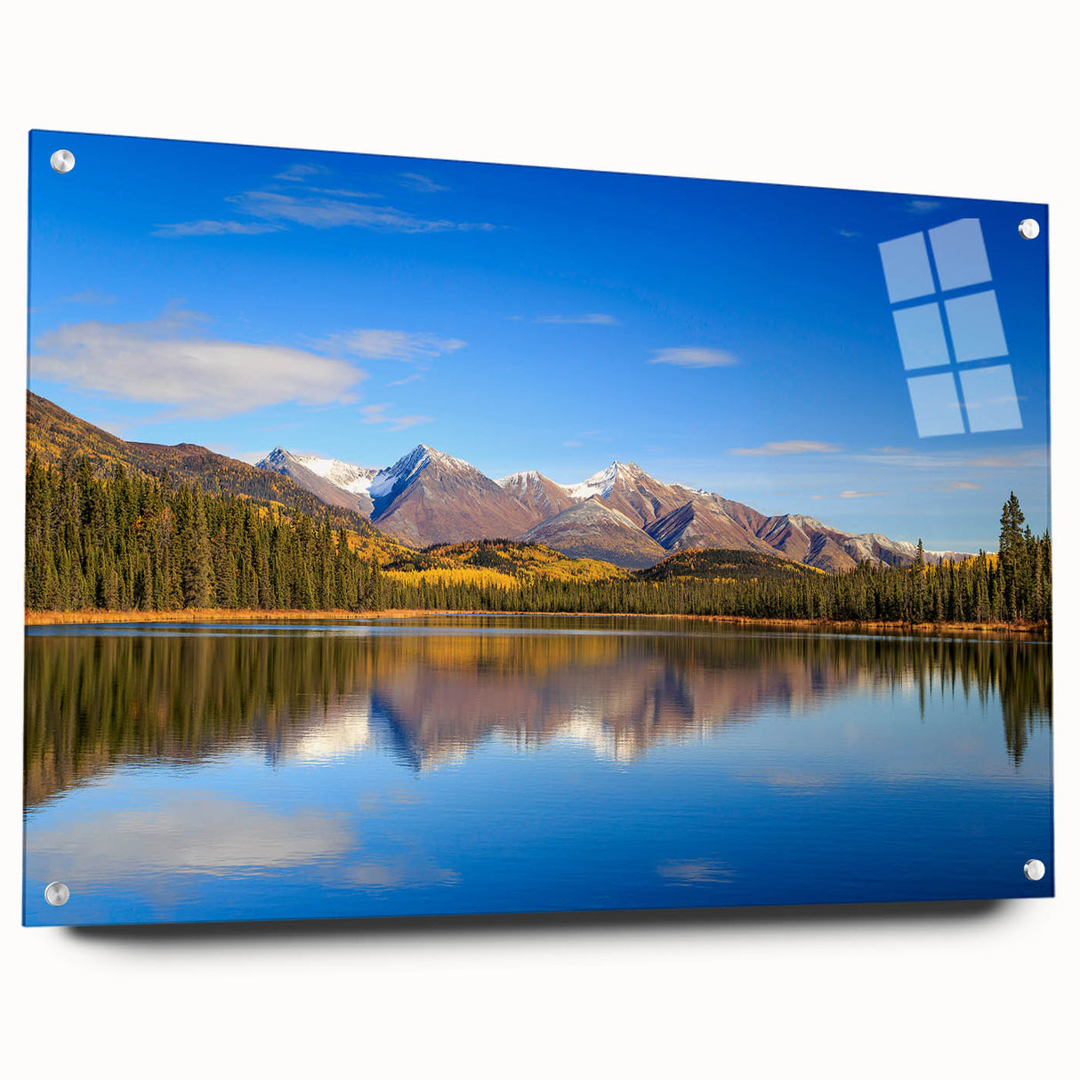 Acrylic print of a serene Alaskan landscape in muted blue and gray tones, ideal for bedroom or dining room decor.