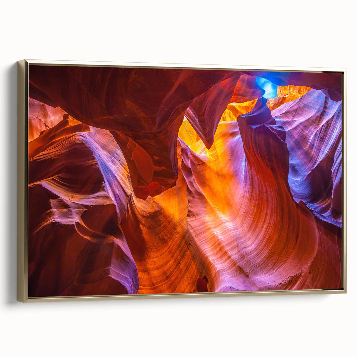 Framed canvas depicting a landscape of Antelope Canyon in Arizona, with rich gold and black tones.