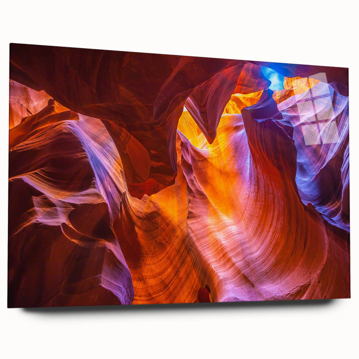 Acrylic print of a large abstract depiction of Arizona's Antelope Canyon in earthy red and orange tones.