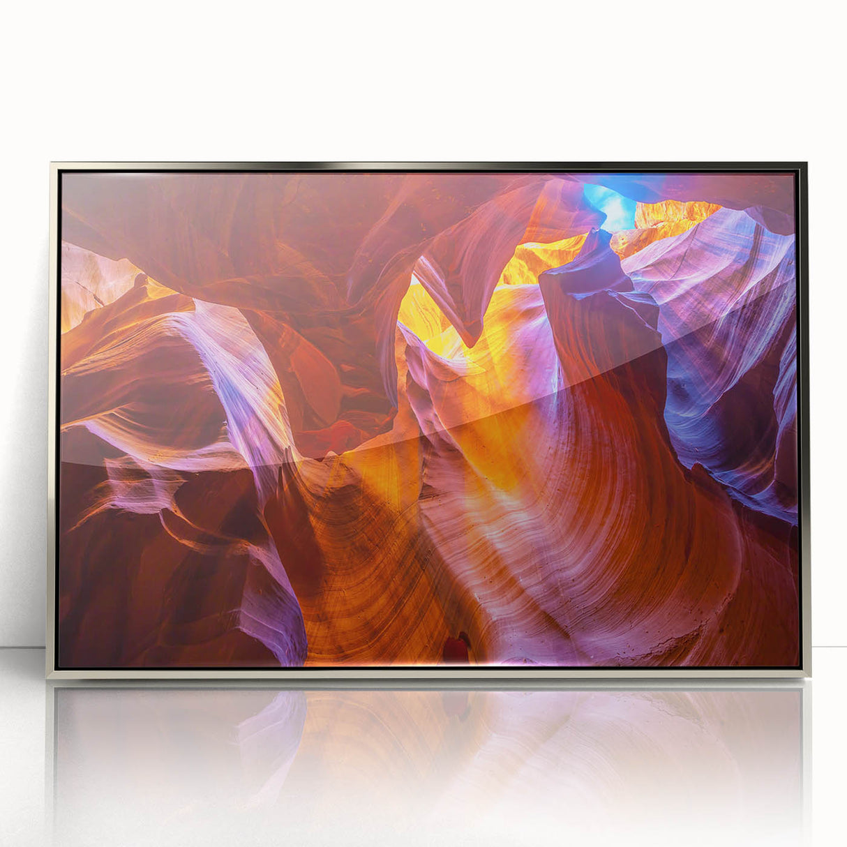 Mid-century modernist art depicting Arizona's Antelope Canyon in muted orange and brown tones on a framed acrylic print.