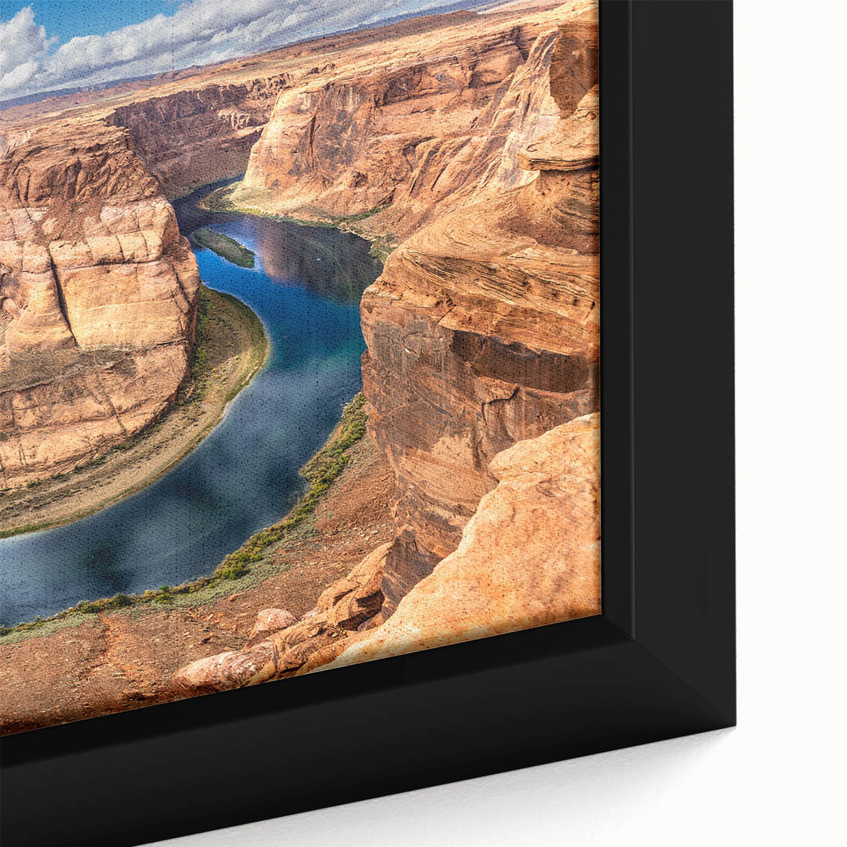Extra large framed canvas of Glen Canyon in Arizona, featuring textured black and colorful art, ideal for living room decor.