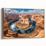 Framed canvas depicting Glen Canyon landscape in Arizona, with muted earth tones, ideal for bedroom wall art.
