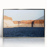 Mid-century modernist art of Lake Powell in muted earth tones on a framed acrylic print, ideal for modern art wall decor.