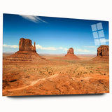Large abstract depiction of Monument Valley in muted earth tones on acrylic glass, suitable for bedroom or dining room art.