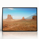 Large abstract wall art of Monument Valley in muted earth tones on framed acrylic, suitable for modern living room decor.