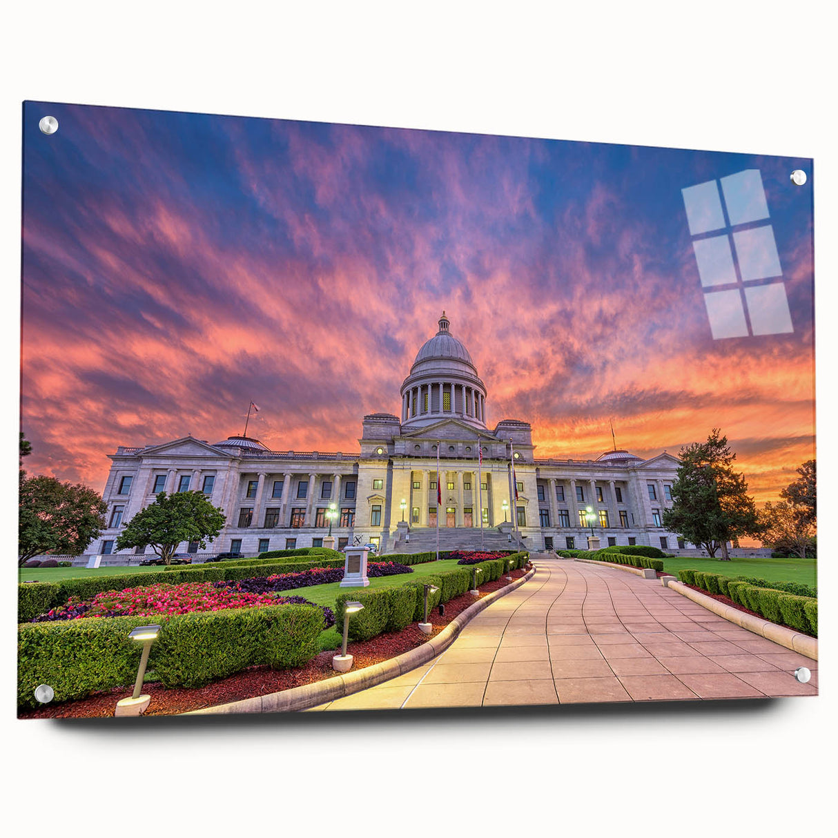 Acrylic print of a large abstract depiction of Arkansas scenery in earthy tones, suitable for bedroom or dining room decor.