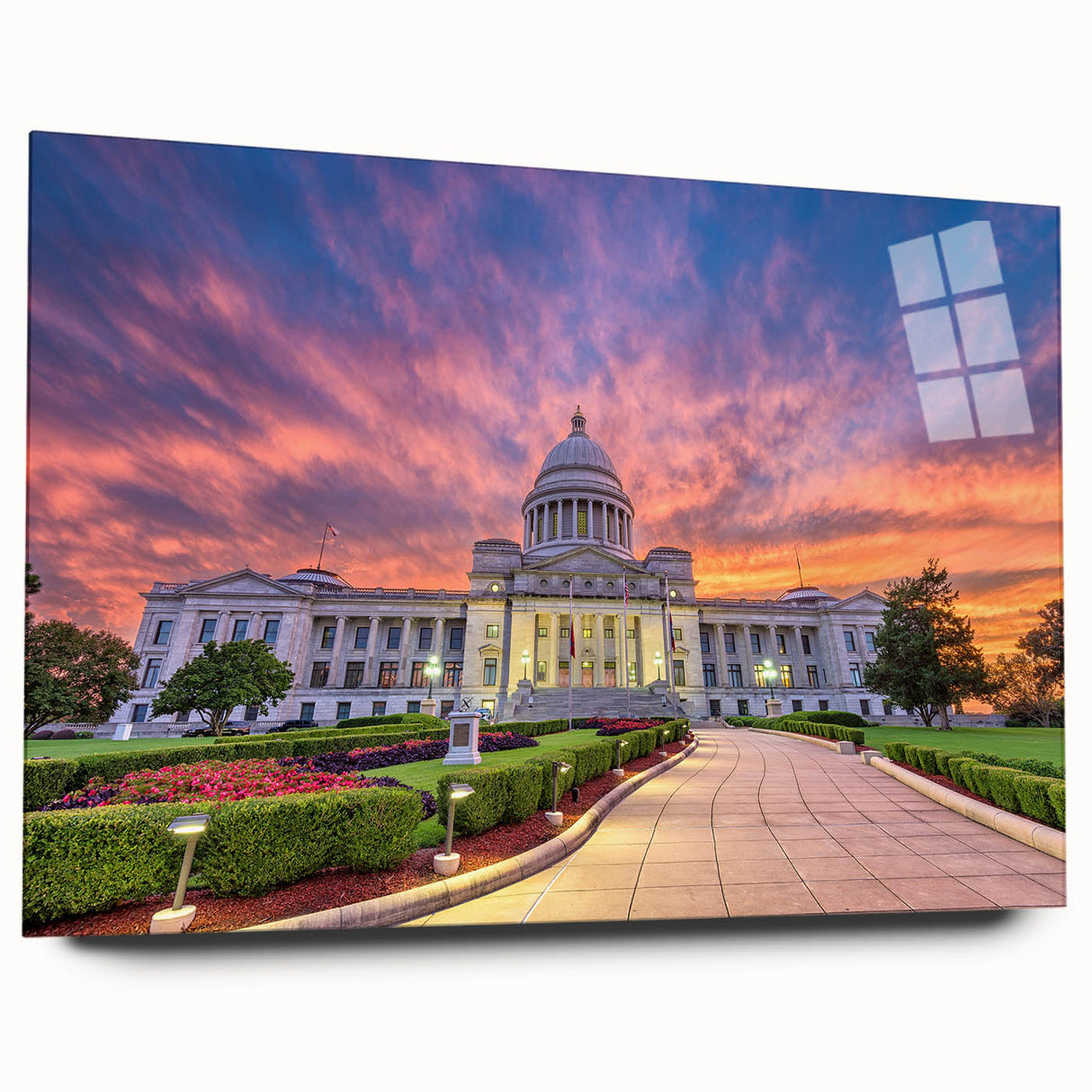 Large abstract wall art depicting a serene Arkansas landscape in muted earth tones on acrylic glass.