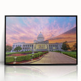 Large abstract wall art depicting a vibrant Arkansas landscape in mid-century modernist style, framed in black acrylic.