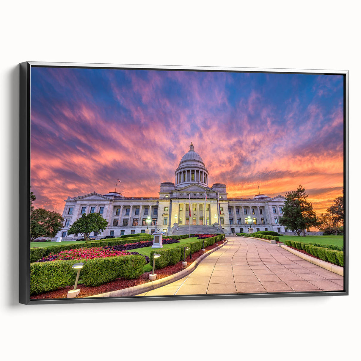 Black and white wall art of Arkansas landscape on framed canvas, ideal for bedroom decor.