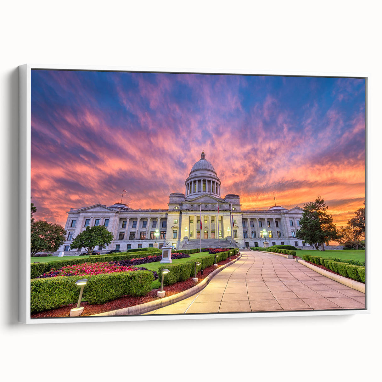 Vintage poster art of Arkansas scenery on a framed canvas.