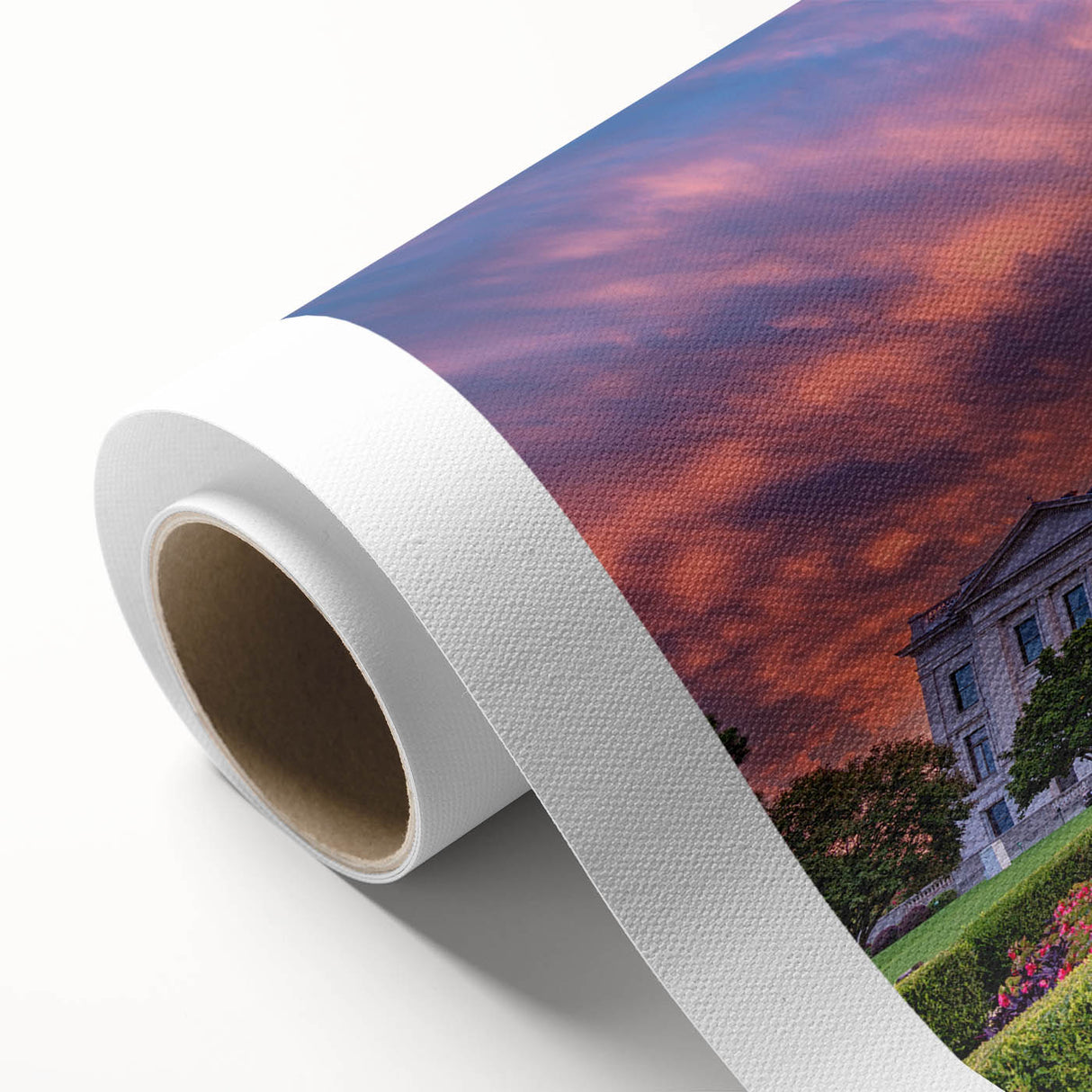 Art deco poster of Arkansas scenery on rolled canvas, using muted earth tones, ideal for nursery wall art.