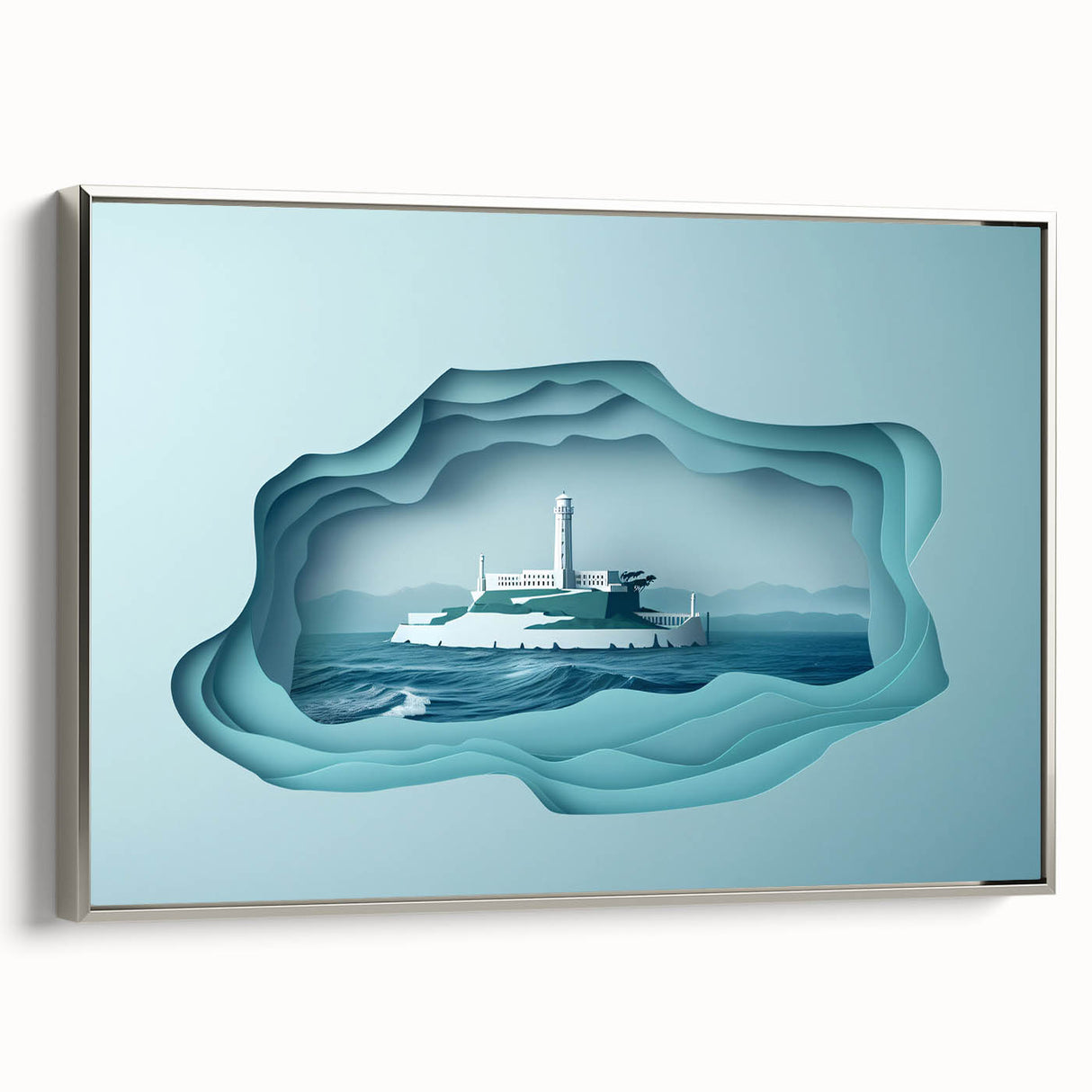 Framed canvas landscape art painting of Alcatraz Island in muted gray and black tones, ideal for office decor.