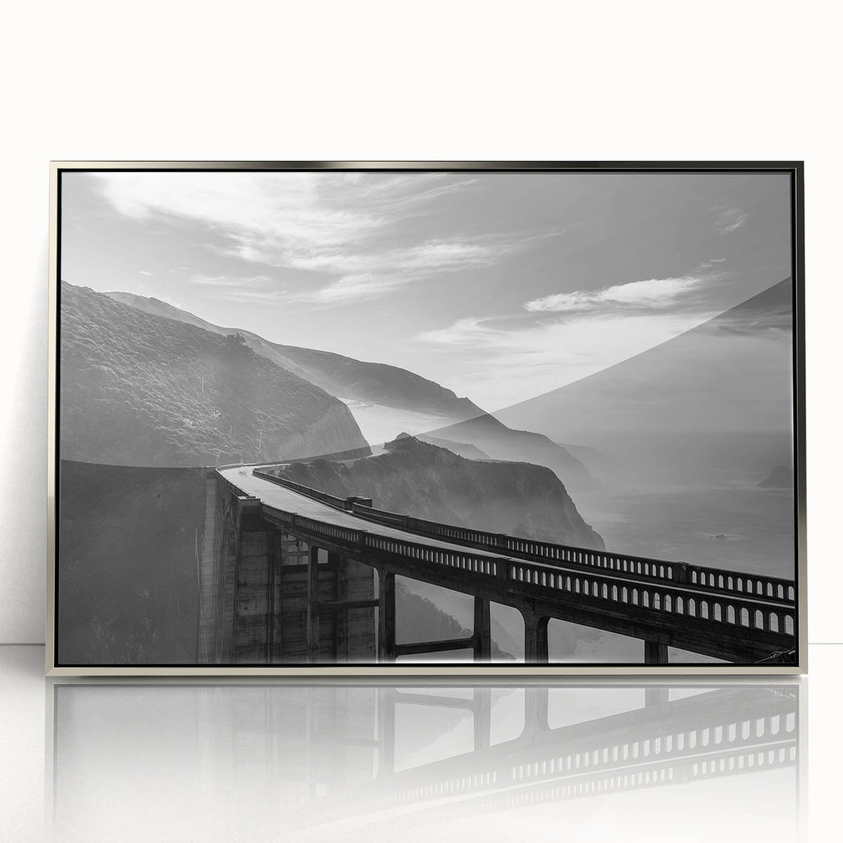 Mid-century modernist art depicting California's Big Sur in muted earth tones on a framed acrylic panel.
