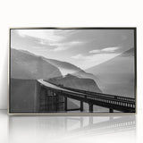 Mid-century modernist art depicting California's Big Sur in muted earth tones on a framed acrylic panel.