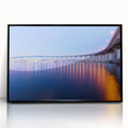 Large abstract wall art depicting the Coronado, California skyline in muted gray and blue tones on a framed acrylic print.