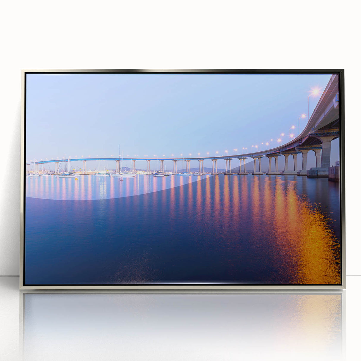 Mid-century modernist art depicting the California Coronado scenery in silver-framed acrylic, suitable for nursery wall art.
