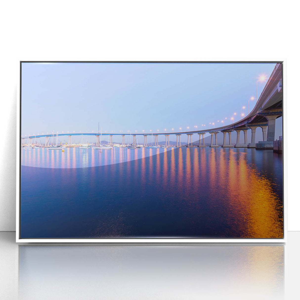 Art deco poster of Coronado, California in muted pastel shades on white framed acrylic, ideal for nursery wall art.