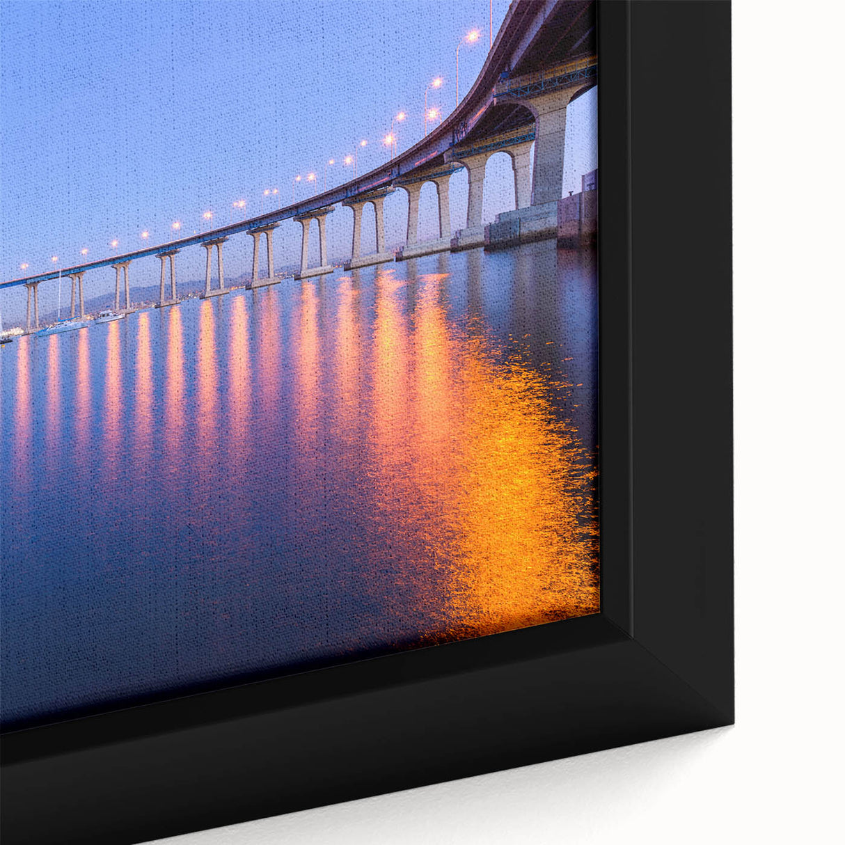 Extra large framed canvas of a textured black wall art depicting vibrant Coronado, California scenery.